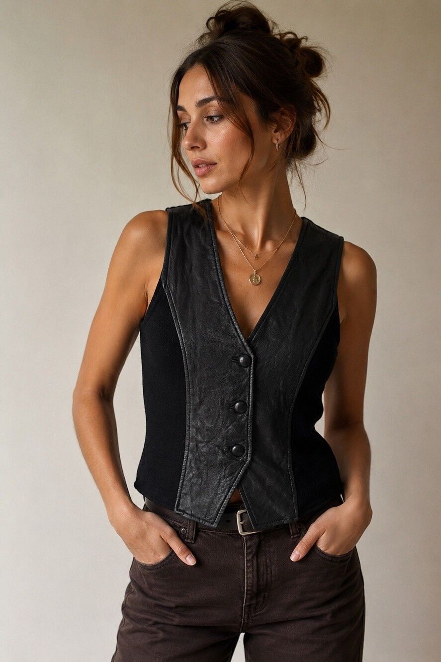 Erez Levy Black Leather Wool Vest Minimalist 90s Artsy Boho Small